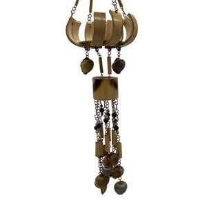 Vintage Bamboo & Shell Wind Chime w/ Copper Color Chains Handmade Hanging Decor